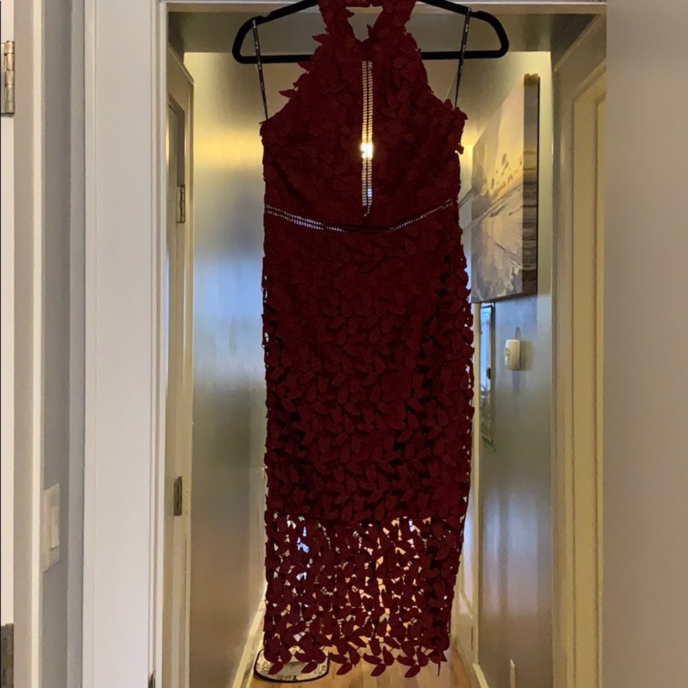 Burgundy Halter Lace Bardot Dress